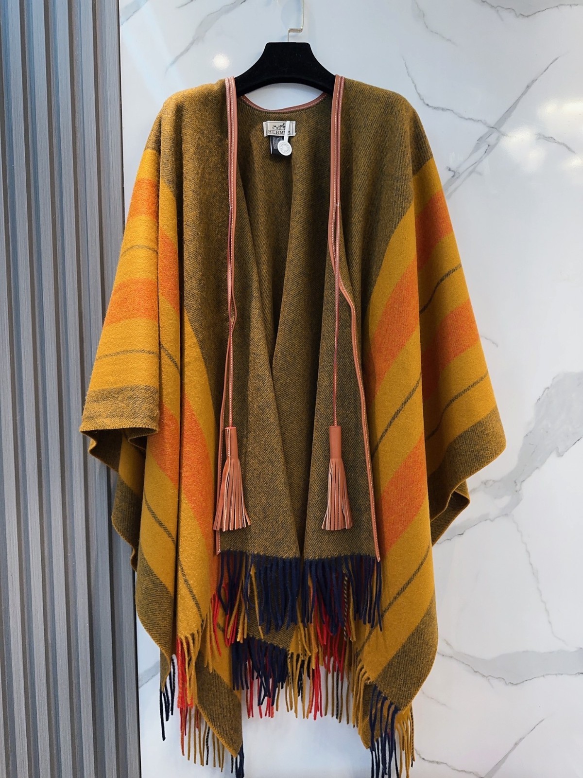 HERMES Striped Cashmere Poncho Cape Mustard Brown Fringe Shawl HERMES Striped Cashmere Poncho Cape Mustard Brown Fringe Shawl