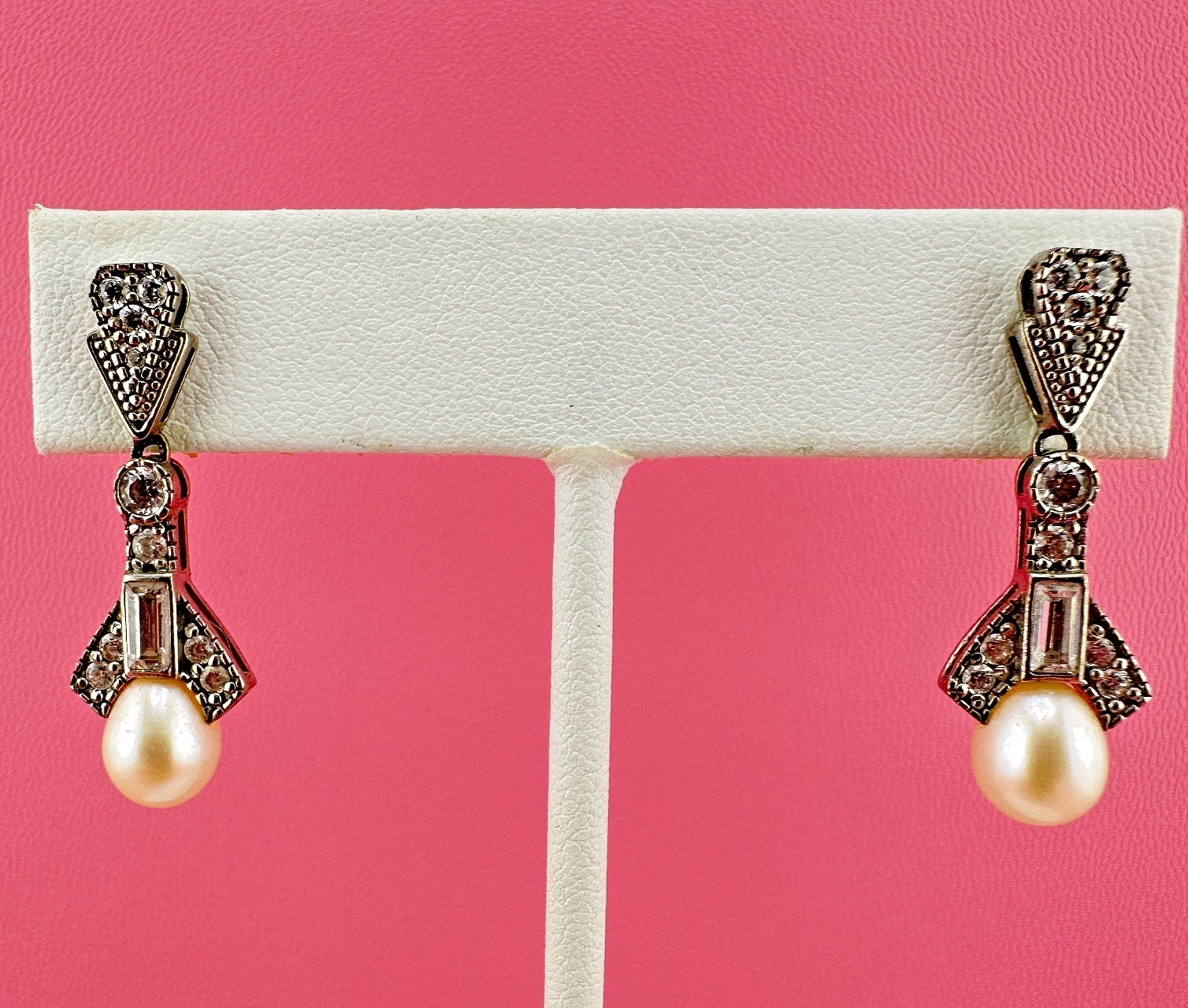 Art Deco Style Earrings Vintage Sterling Silver 925 CZ Pearl Pierced Signed TOVA