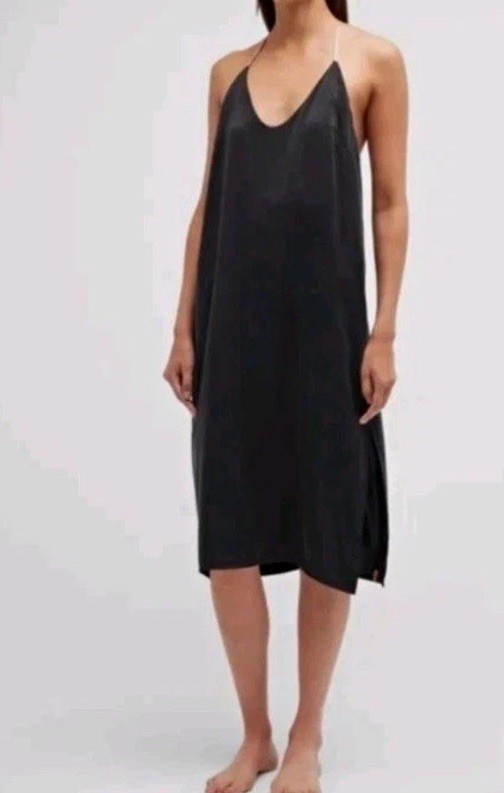 Lunya Washable Silk Black Slip Dress Nightgown contrast straps 100% Silk, M