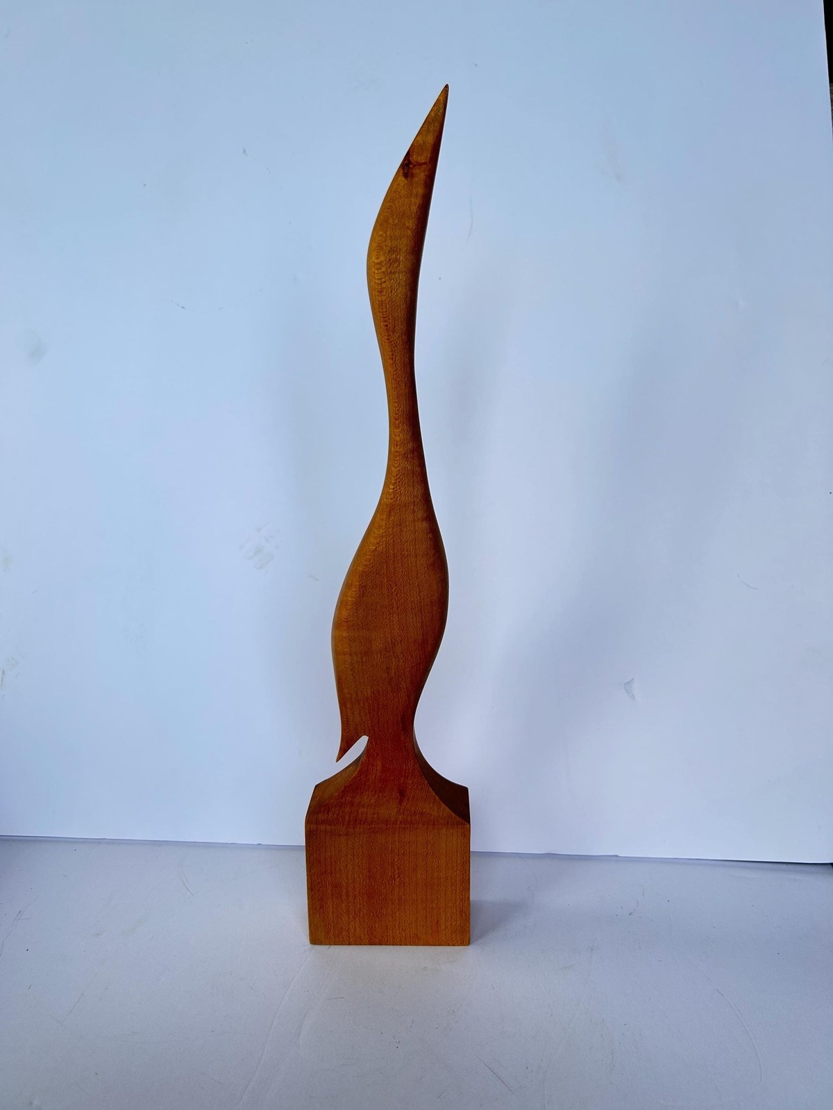 Vintage Mid Century Modern Curly Maple Crane Sculpture | Rare Tiger Maple Heron