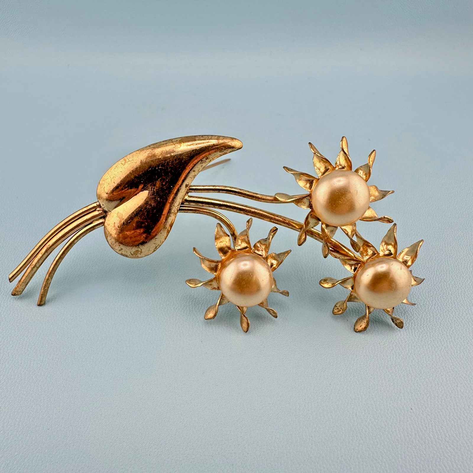 Vintage Flower Brooch Large 3 Sunflowers Gold Tone Glass Faux Pearl Statement 4