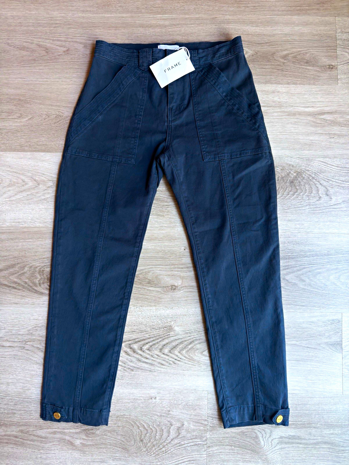 FRAME Trapunto Button Tab Cuff Pants Washed Navy NWT Utility Women\'s $258 MSRP