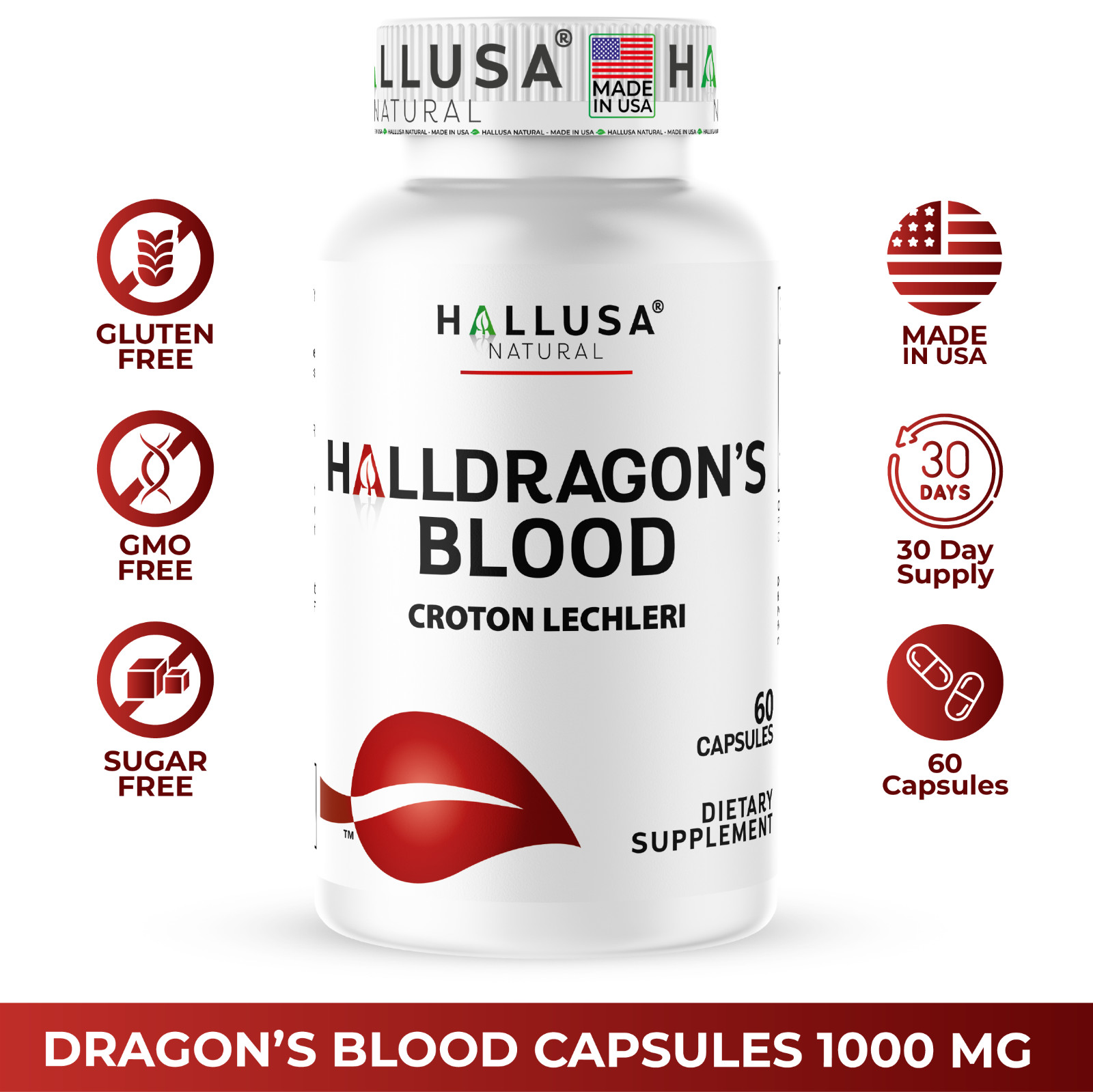 Hallusa Natural Dragon\'s Blood Croton Lechleri 1000mg Gut Support 60 Capsules
