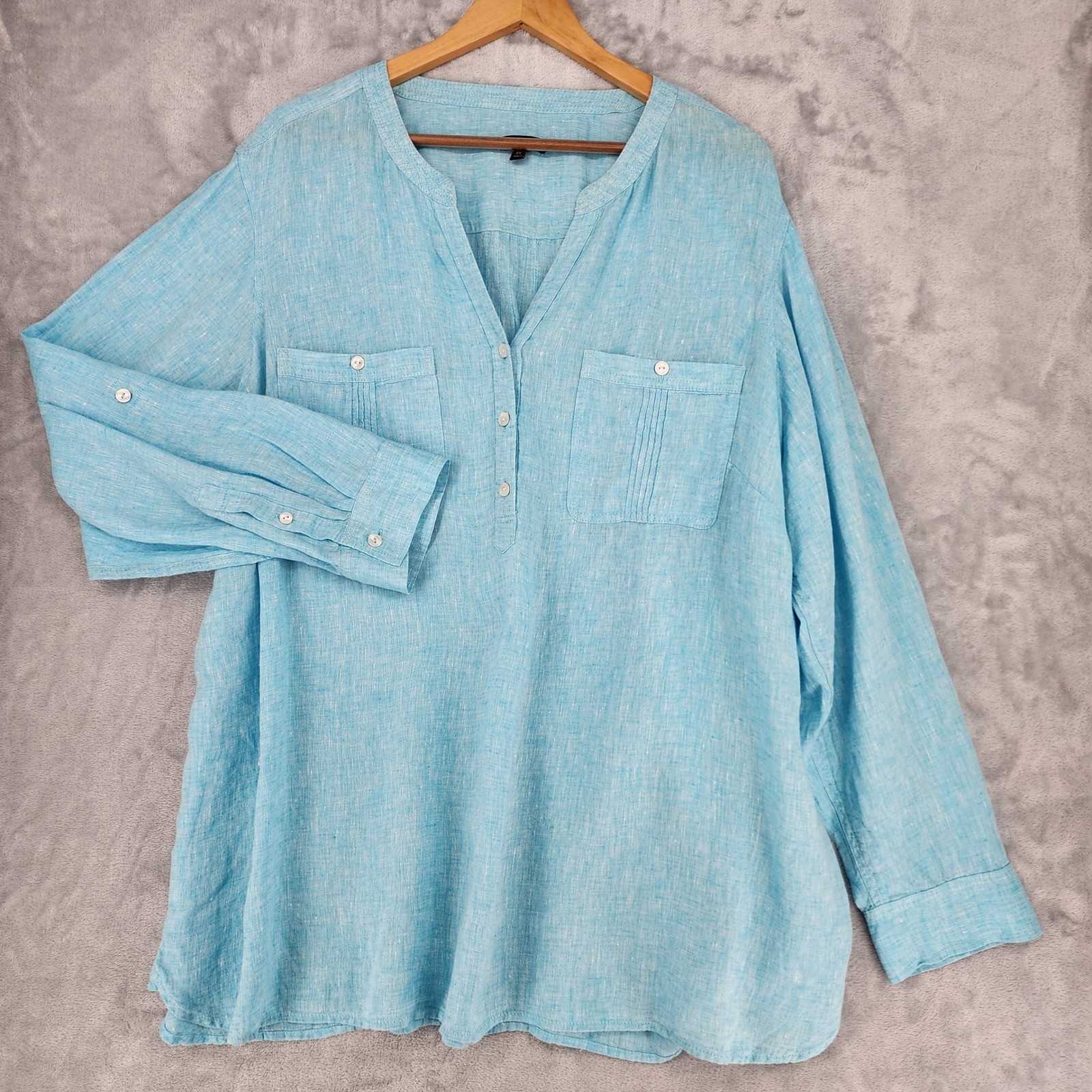 Talbots Linen Shirt Womens Size 3X Blue Roll Tab Sleeve Button Pocket Blouse Top Talbots Linen Shirt Womens Size 3X Blue Roll Tab Sleeve Button Pocket Blouse Top