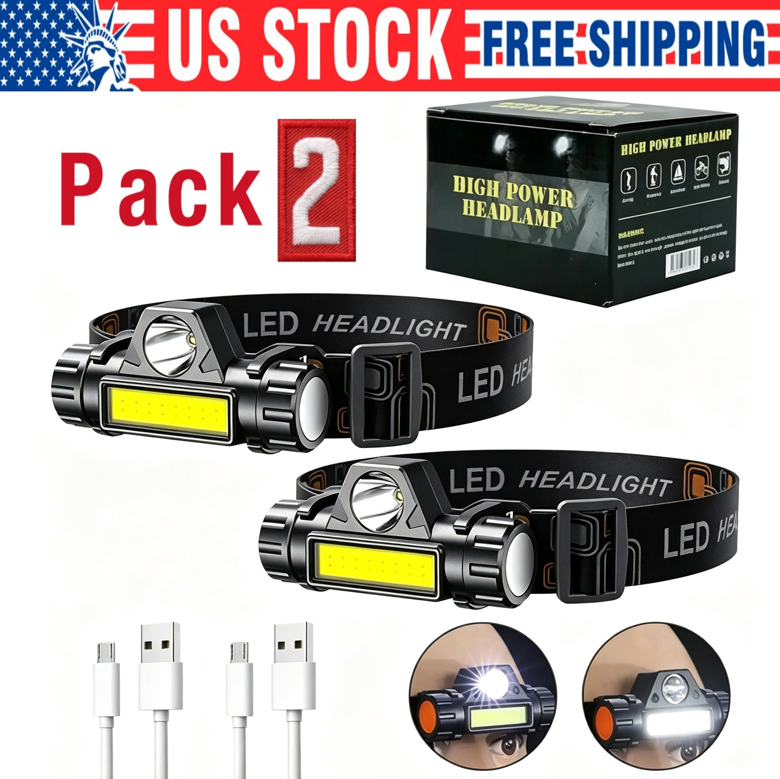 2 Pack LED Headlamp Headlight Flashlight USB Rechargeable Waterproof Head Light 2 Pack LED Headlamp Headlight Flashlight USB Rechargeable Waterproof Head Light