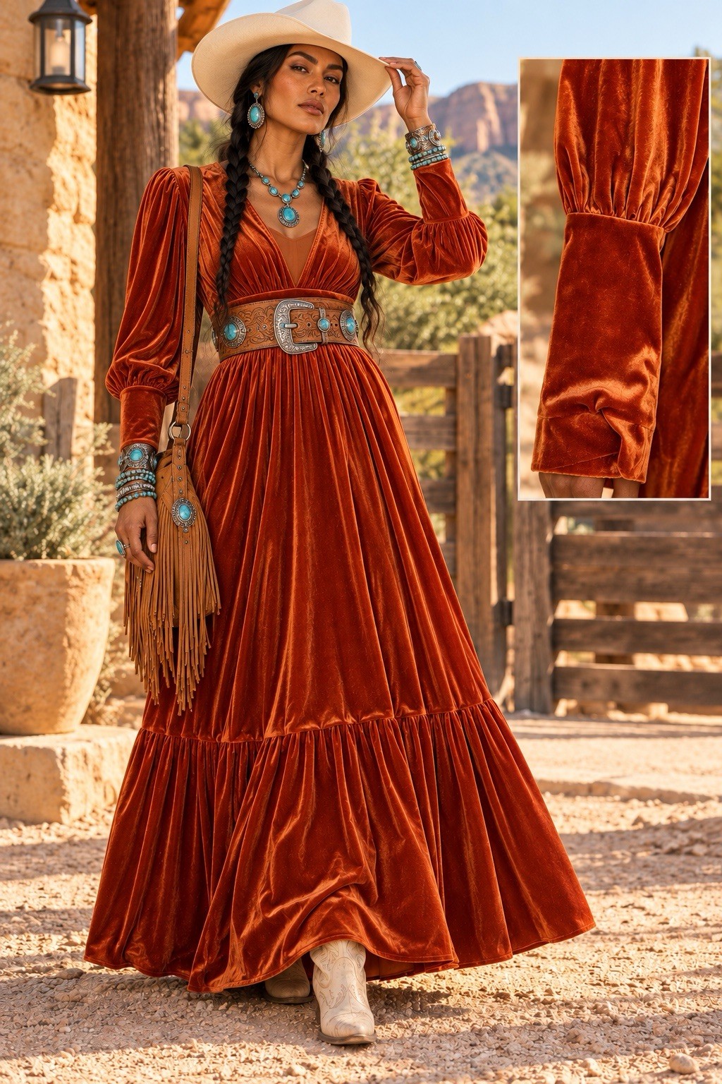 Baltic Born Women’s Brown Velvet Maxi Dress 2XL V-Neck Long Sleeve Ruffle