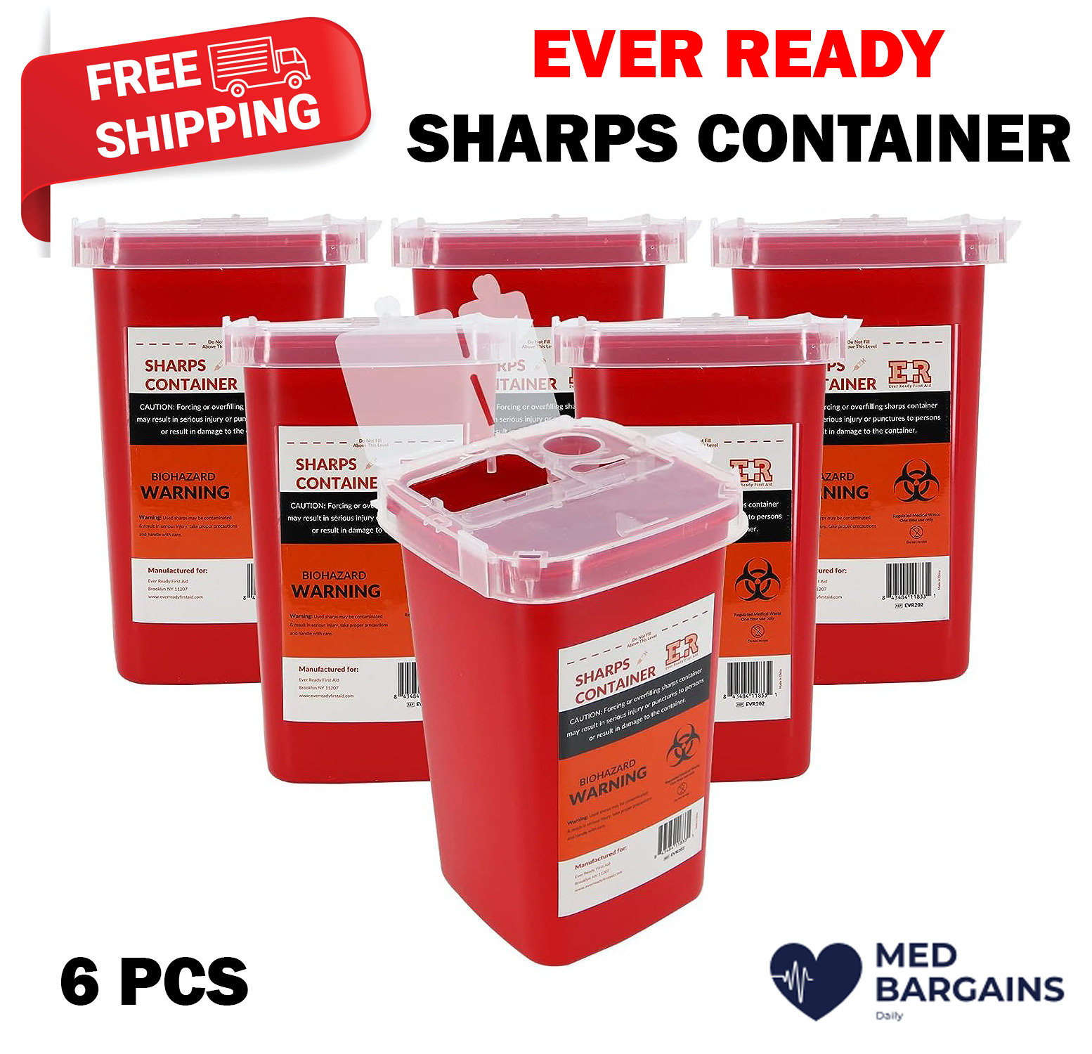 Ever Ready EVR202 Sharps Container Waste Disposal 1 Quarts / 32oz - RED 6PCS