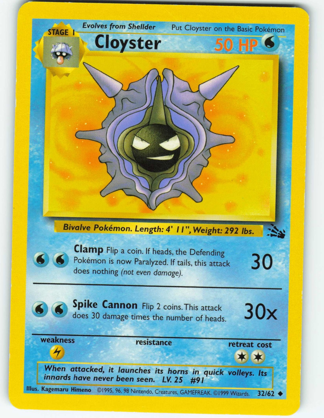 Cloyster 32/62 Fossil Orange HP Error Low Magenta Ink Misprint Pokemon 1999