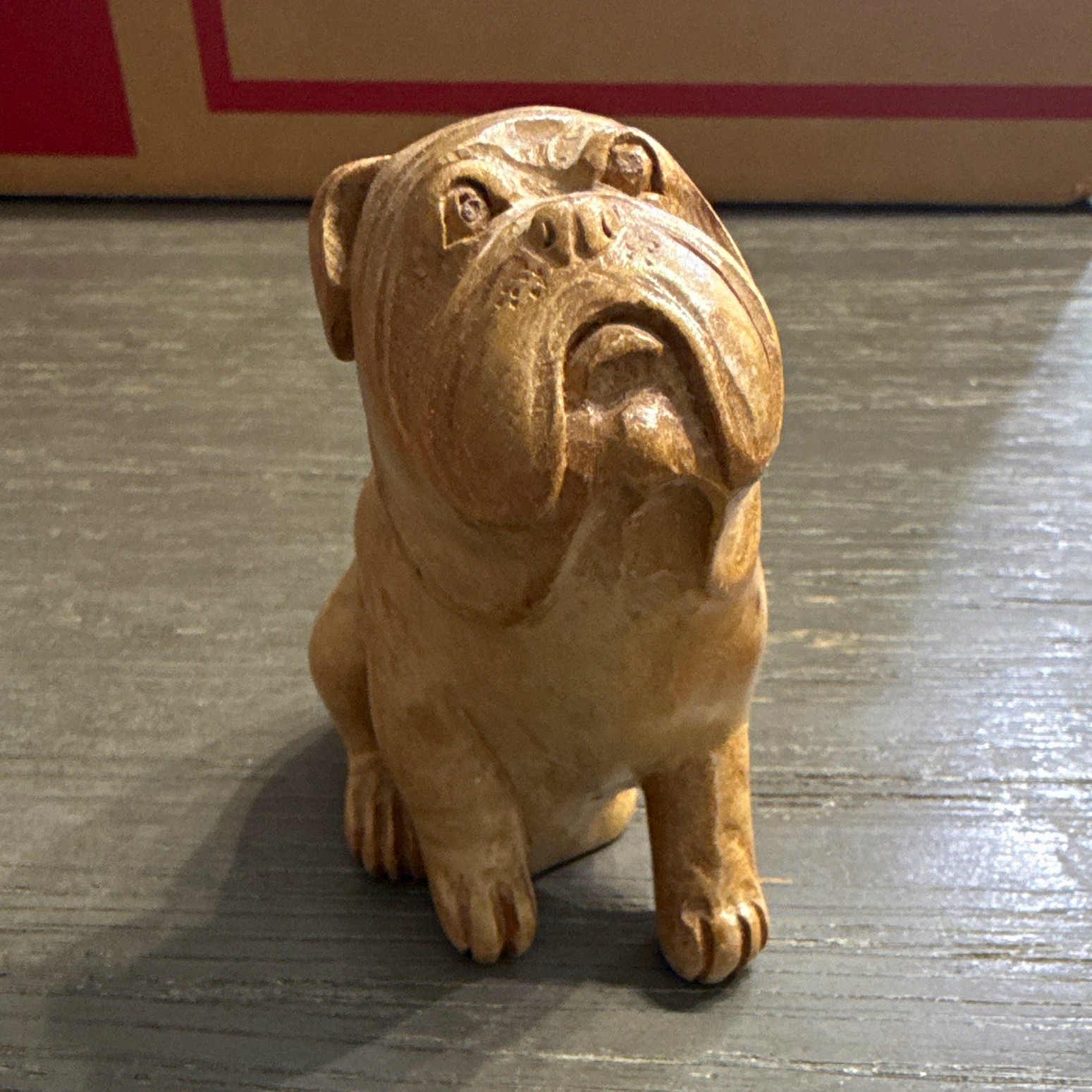 Vintage Hand Carved Wood English Bulldog Dog Figurine Folk Art Sculpture