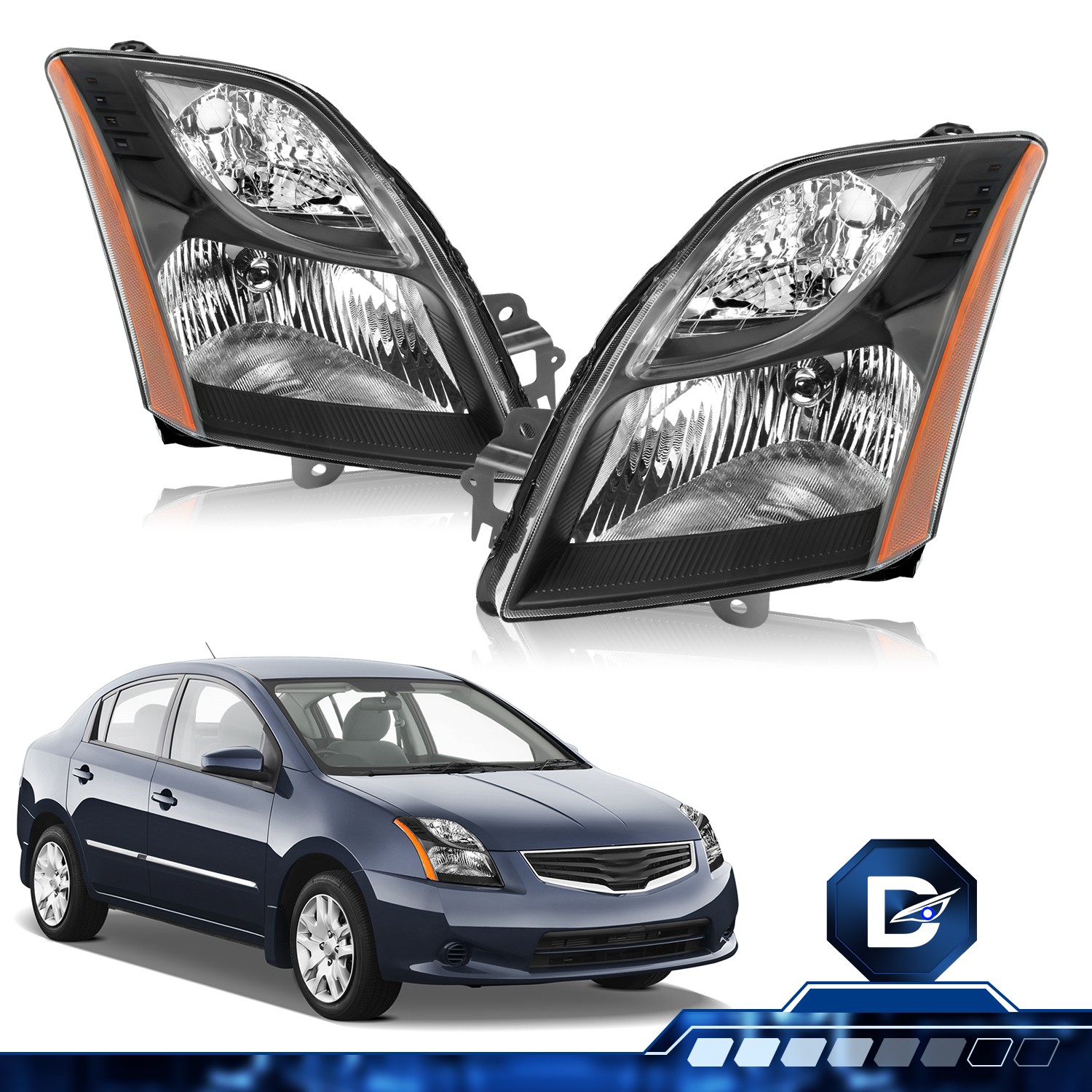 For 2010-2012 Nissan Sentra SE-R Black Halogen Headlights Headlamps Left+Right
