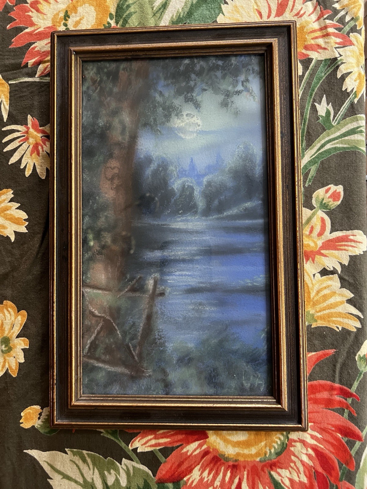 Antique Chalk Pastel Moonlight Riverbank Scene Framed Art Antique Chalk Pastel Moonlight Riverbank Scene Framed Art