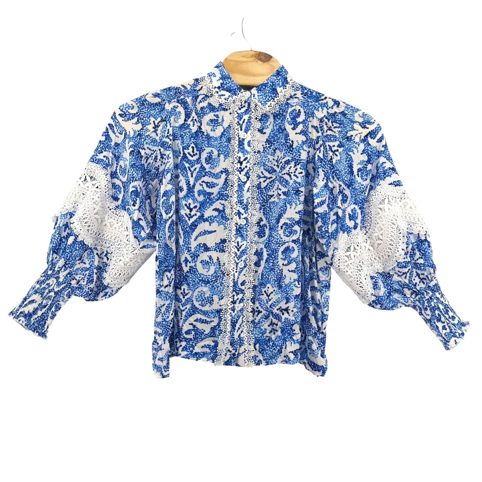 Miss June Paris Blue White Lace Trim Button Down Blouse Size F (S-L) NEW Boho