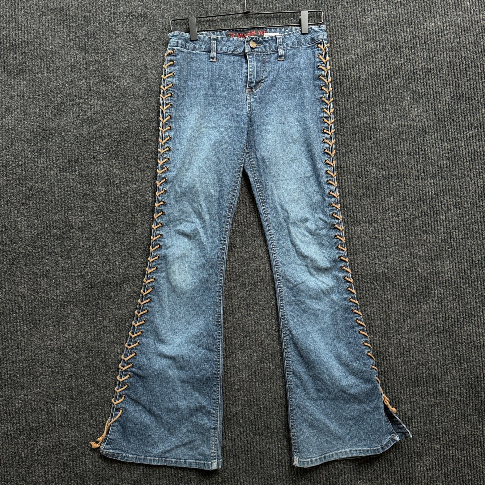 Vintage Mudd Yo Jeans Juniors 7 Blue Laced Flare Y2K Indie 90s Denim Grommet Vintage Mudd Yo Jeans Juniors 7 Blue Laced Flare Y2K Indie 90s Denim Grommet