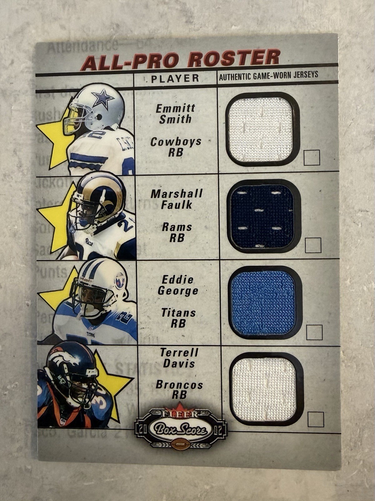 2002 Fleer Box Score ALL-PRO Roster Jerseys Smith Faulk George Davis Game Worn 2002 Fleer Box Score ALL-PRO Roster Jerseys Smith Faulk George Davis Game Worn