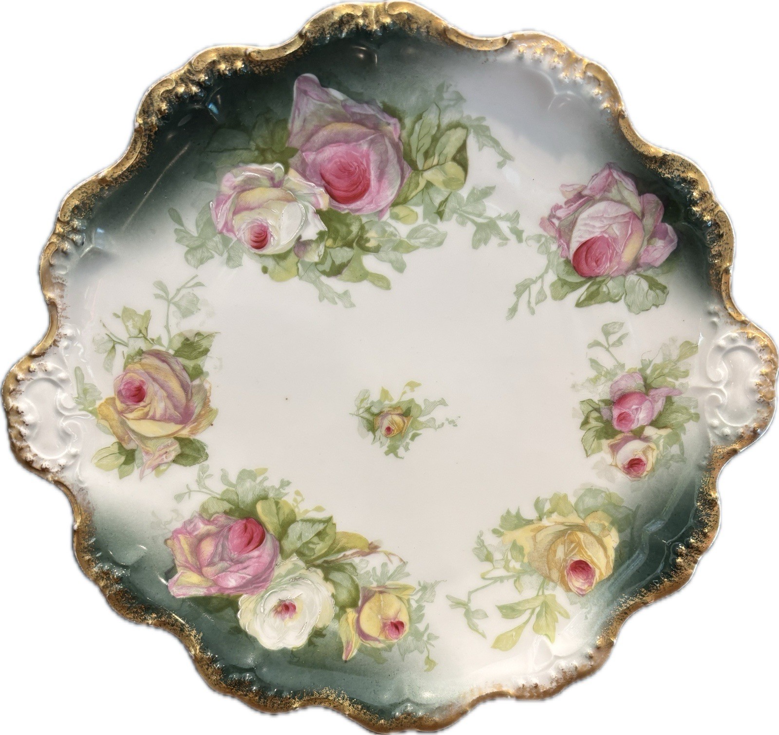 Antique Coronet Limoges France Rose Charger Plate 10.25” Hand PaintedGoldRim1906