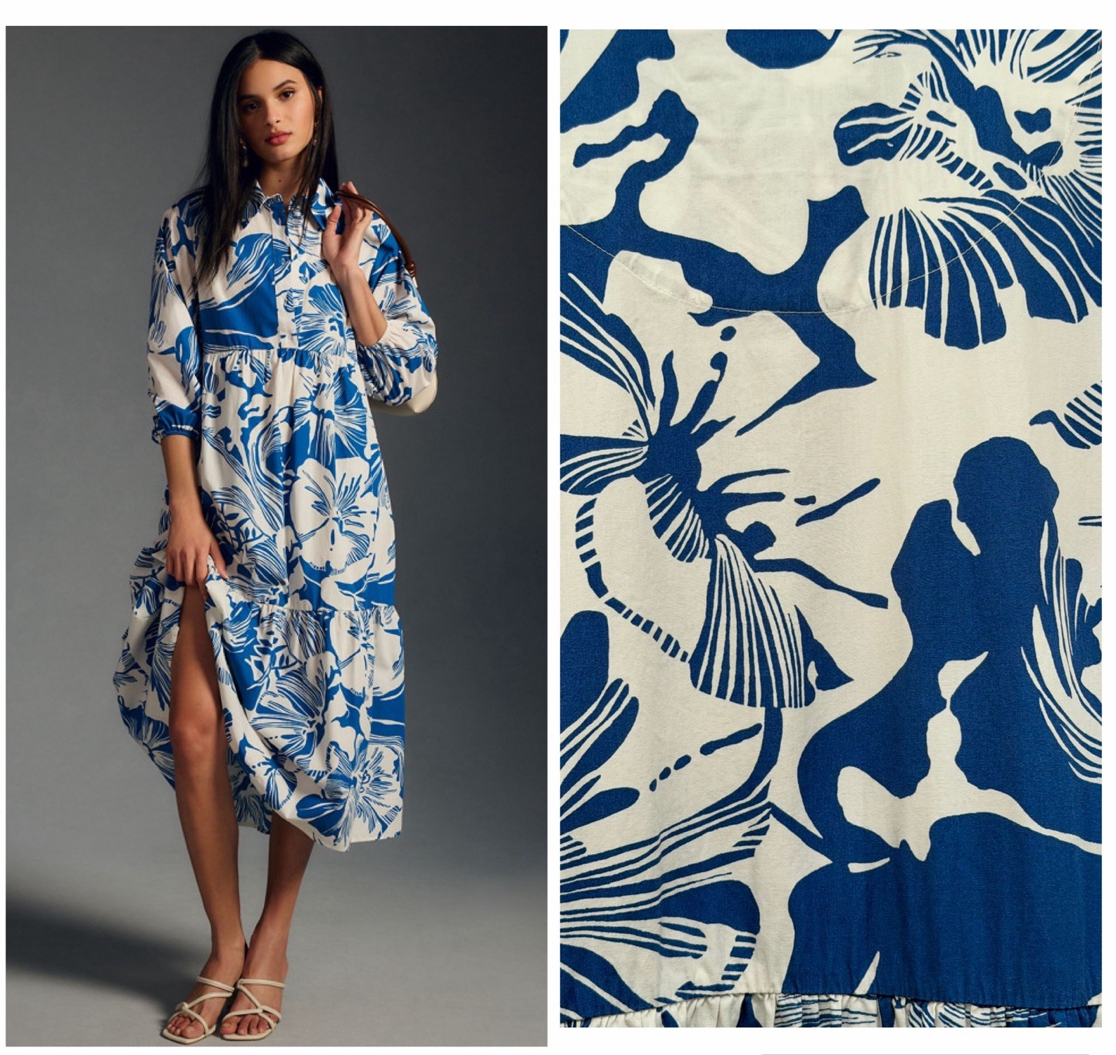 MAEVE x ANTHROPOLOGIE The Bettina Blue White Floral Tiered Midi Shirt Dress S