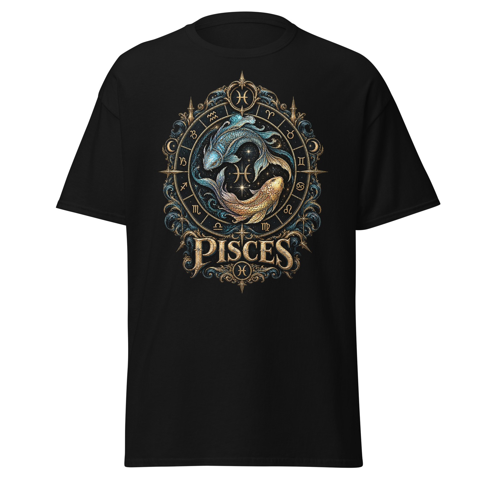 ZODIAC PISCES GOTHIC Black T-Shirt Vintage Unisex Astrology Tarot All Sizes Tee