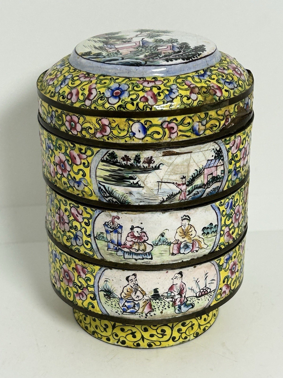 Antique Chinese Canton Cloisonné Enamel Round Stacking Boxes & Cover Yellow