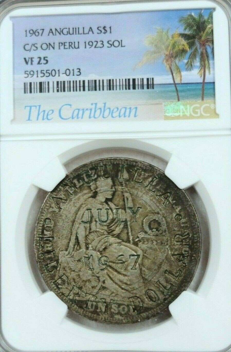 1967 ANGUILLA SILVER 1 DOLLAR COUNTER STRUCK ON PERU 1923 SOL NGC VF 25 RARE 1967 ANGUILLA SILVER 1 DOLLAR COUNTER STRUCK ON PERU 1923 SOL NGC VF 25 RARE