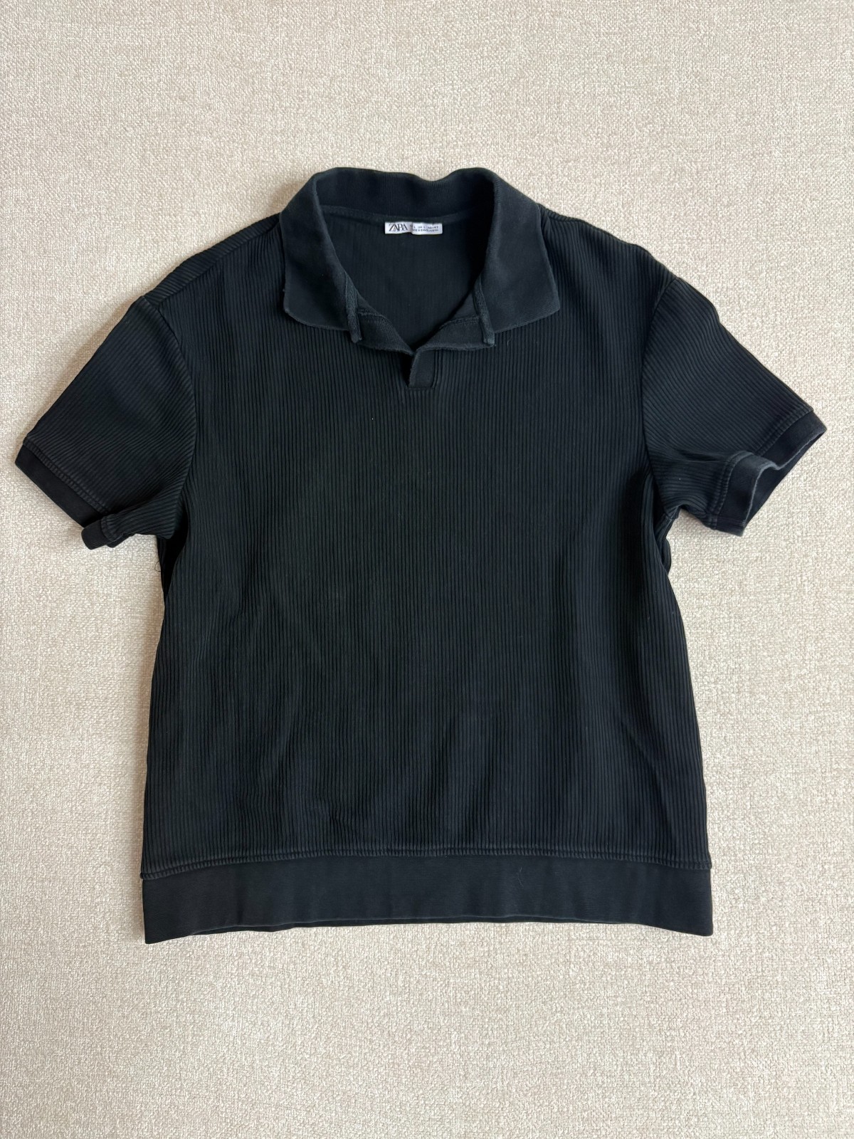 Mens Zara Black Ribbed Short Sleeve Open Collar Polo Shirt Mens Zara Black Ribbed Short Sleeve Open Collar Polo Shirt