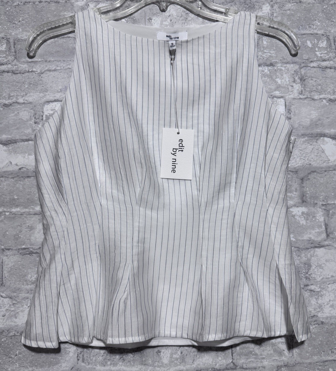 NWT Edit by Nine White with Navy Blue Pinstripe Peplum Blouse Lined Size Small