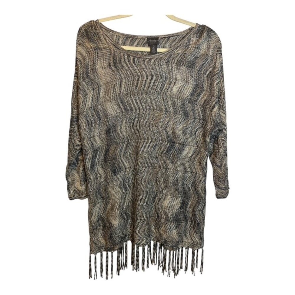 Chico\'s Sweater Women\'s Size Large Travelers Sparkles Fringe Gold Brown Chicos 2 Chico\'s Sweater Women\'s Size Large Travelers Sparkles Fringe Gold Brown Chicos 2