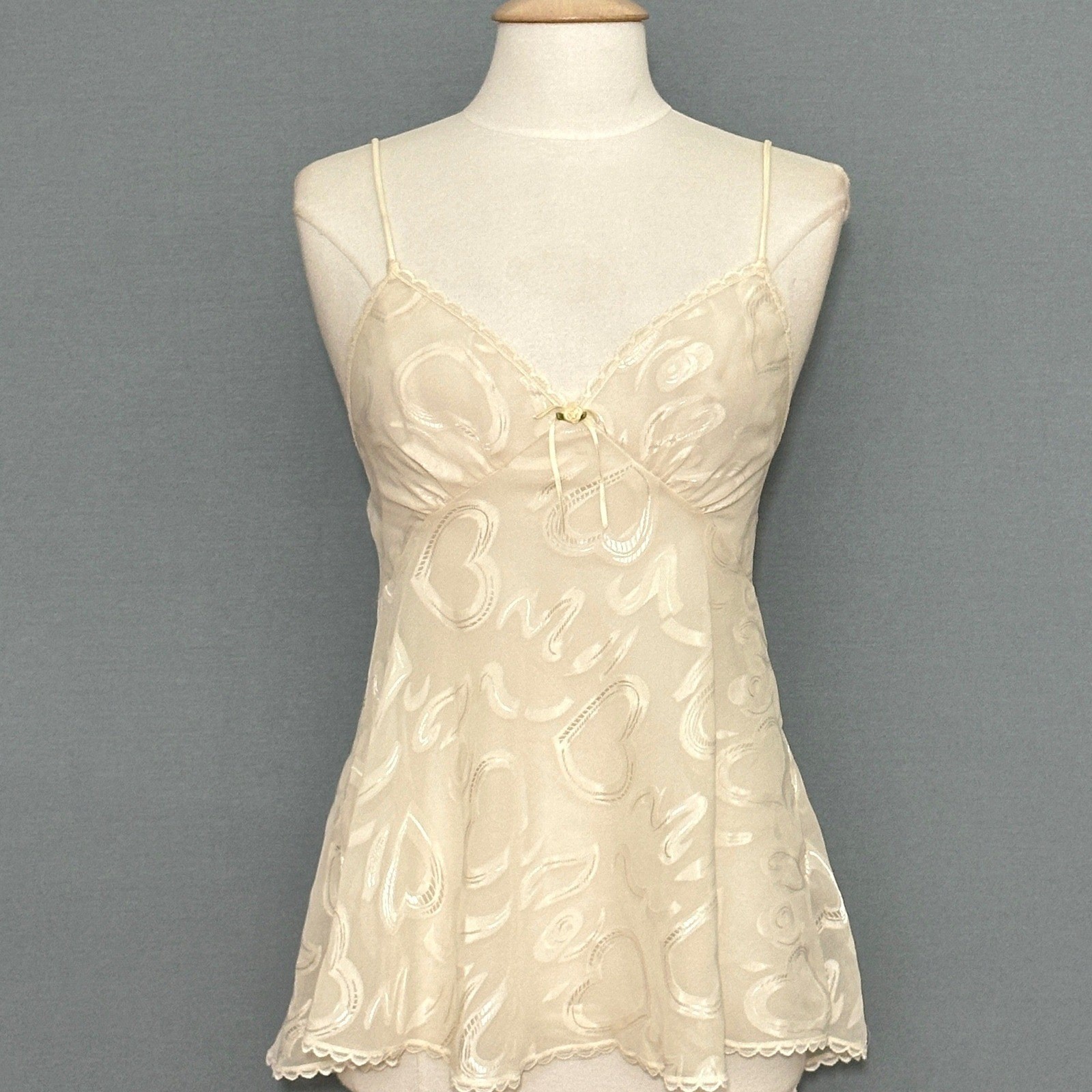 VTG 90s Y2K Babydoll Coquette Womens Top M Ivory Heart Jacquard Sheer Camisole