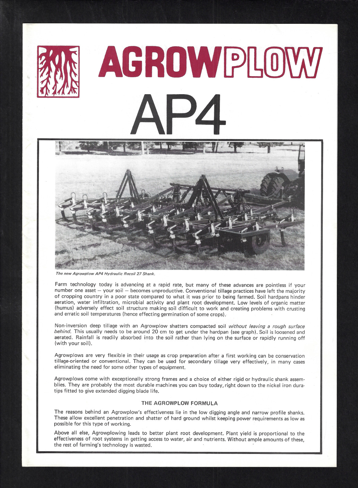 AGROWPLOW AP4 HYDRAULIC RECOIL 27 SHANK 4 PAGE BROCHURE AP 8-84 AGROWPLOW AP4 HYDRAULIC RECOIL 27 SHANK 4 PAGE BROCHURE AP 8-84