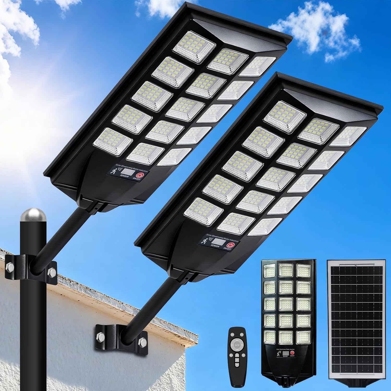 2pcs 990000000LM Commercial 1200W LED Solar Street Light Dusk to Dawn Road Lamp