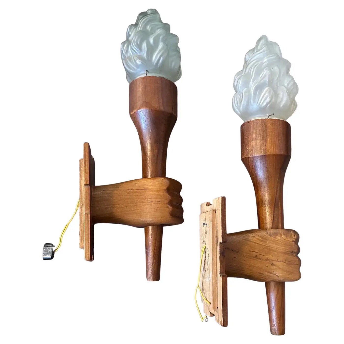 Set Of Two 1940S Art Deco Wood And Glass Italian Wall Sconces