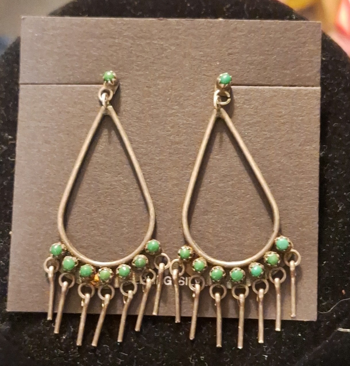 Old Zuni Sterling Silver Petit Point Turquoise Dangle Hoop Chandelier Earrings