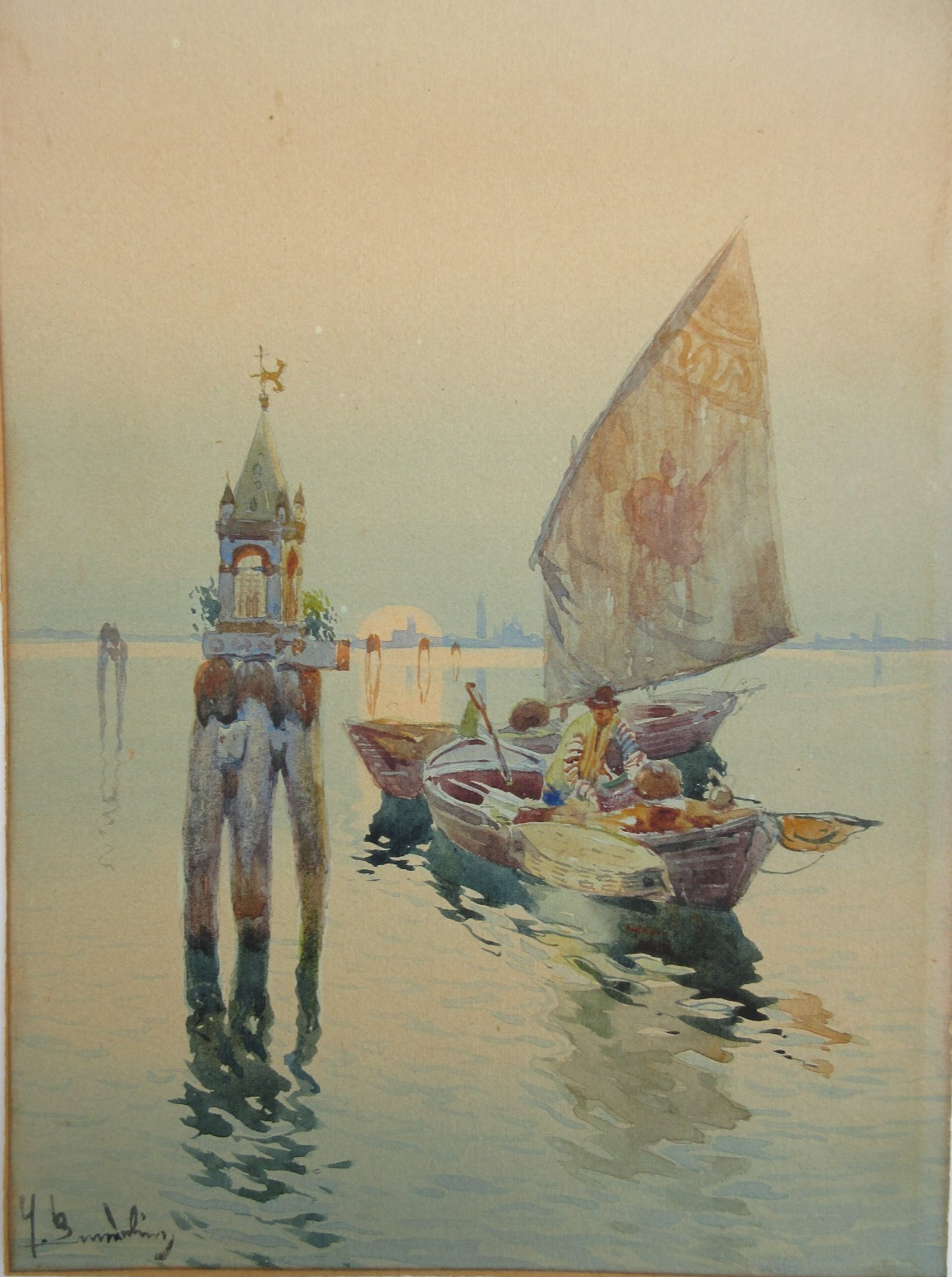 EXCEPTIONAL antique c1920 ORIENTALIST MEDITERRANEAN ITALIAN WATERCOLOR SIGNED