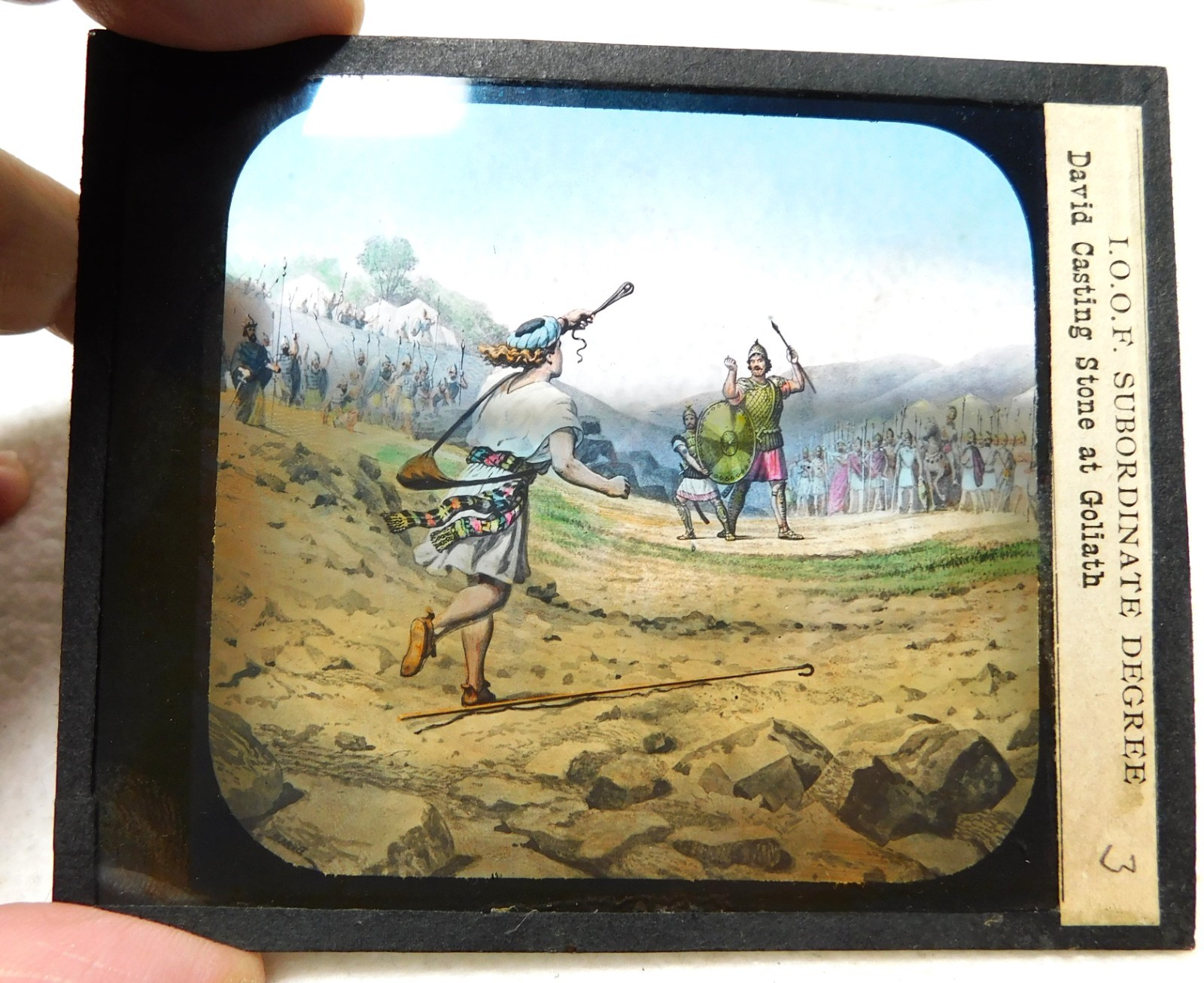 Antique Odd Fellows Magic Lantern Glass Slide/ David Casting Stone at Goliath Antique Odd Fellows Magic Lantern Glass Slide/ David Casting Stone at Goliath