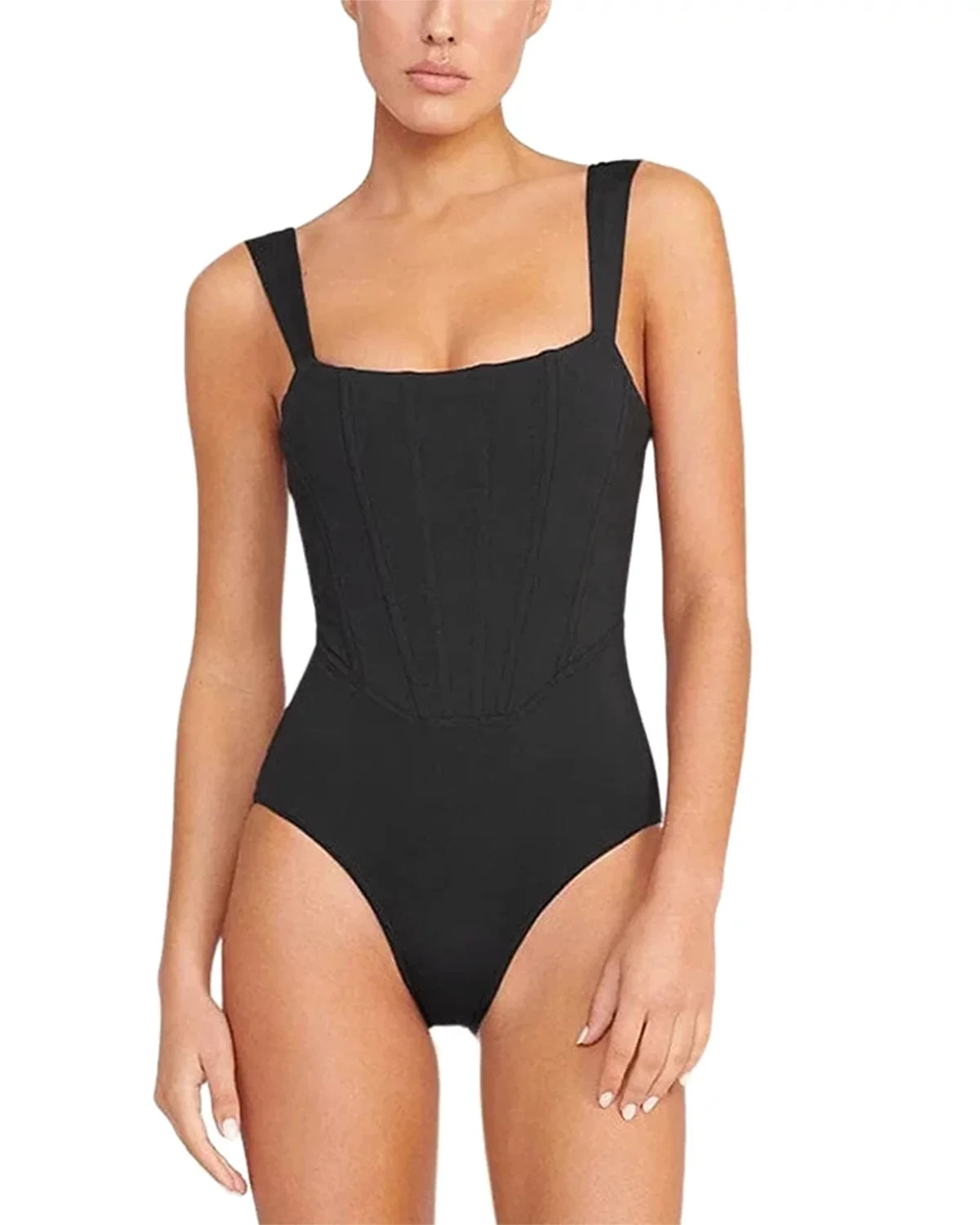 Staud Adelaide One Piece Swimsuit Zip Corset Square Neck Black Women\'s M