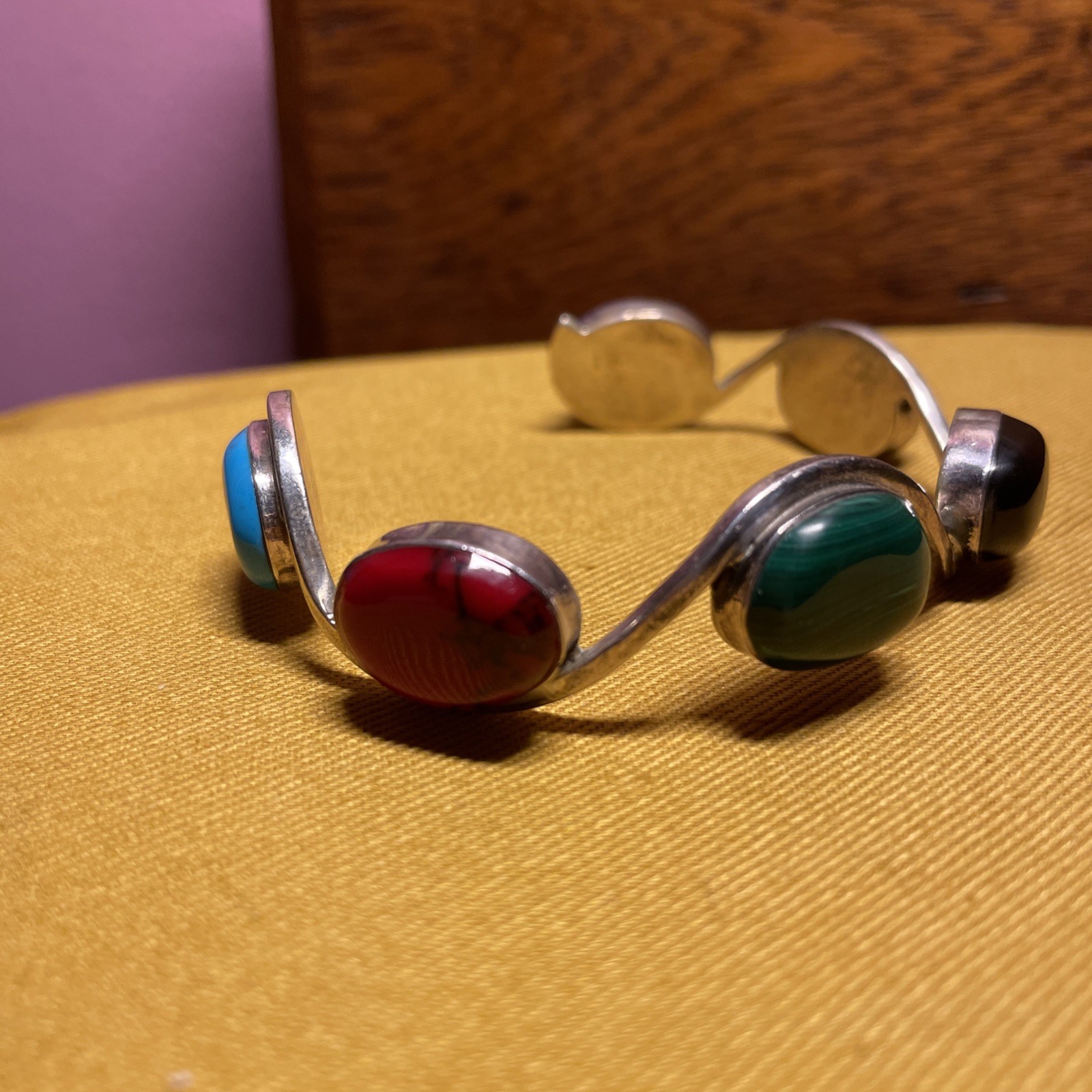 Vintage Taxco Mexico .925 Sterling Silver Multi-Gems Wave Design Cuff Bracelet 