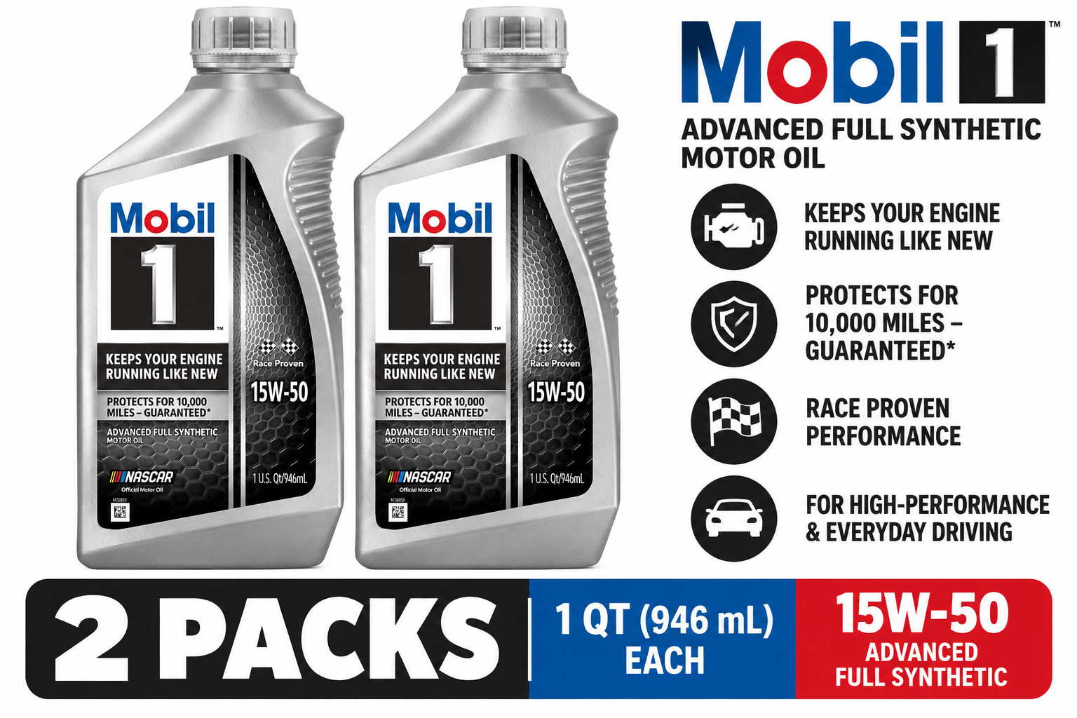 2 Pack Mobil 1 Advanced Full Synthetic Motor Oil 15W-50 1 Quart Each