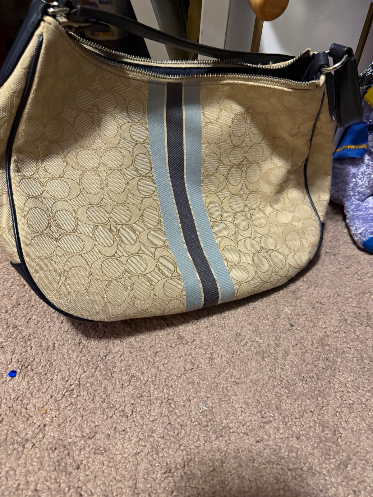 Coach Signature Beige Shoulder Bag Stripe Zip Top Silver Hardware Women