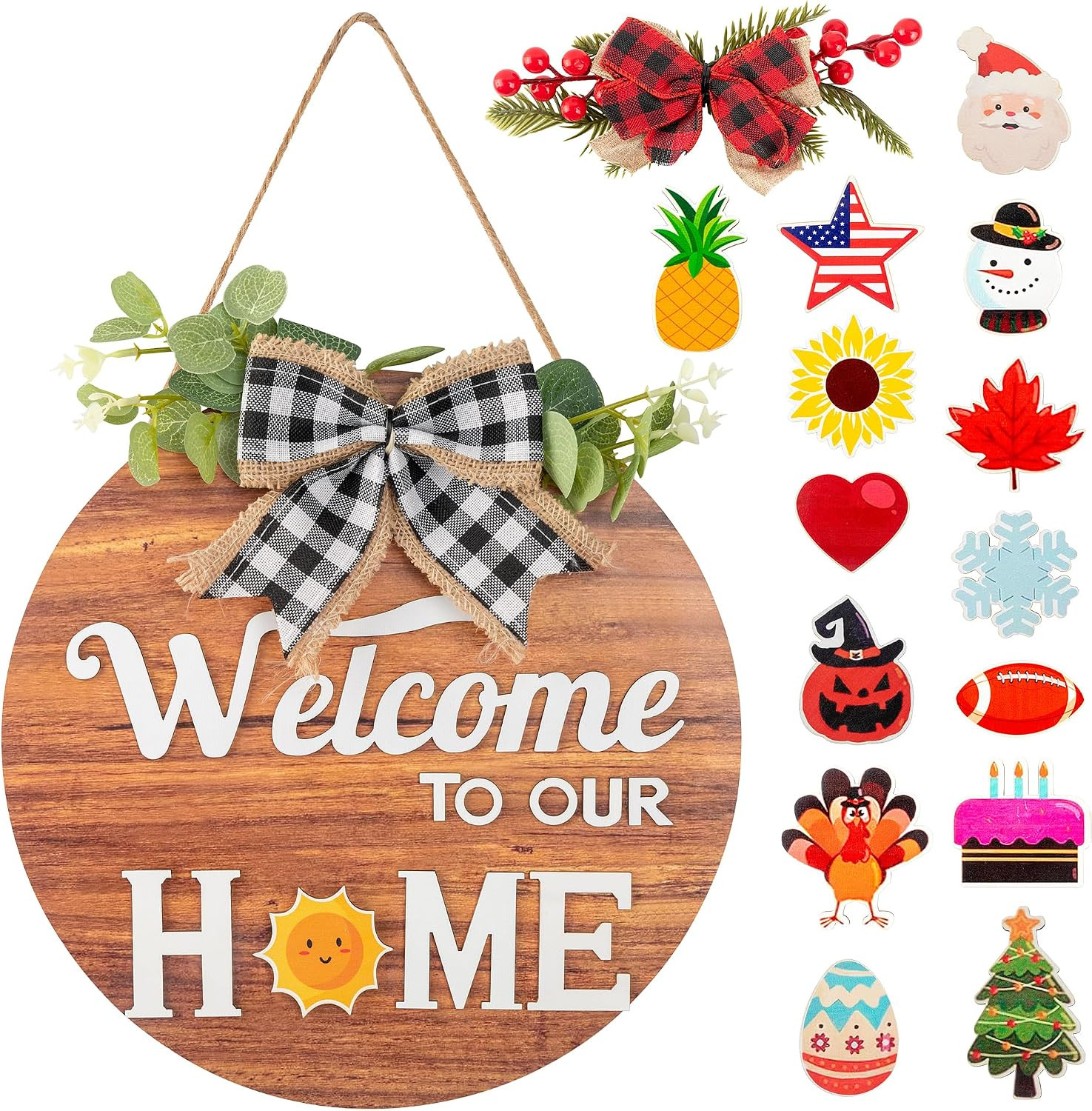 Interchangeable Seasonal Welcome Sign Front Door Decor, Rustic round Wood Wreath