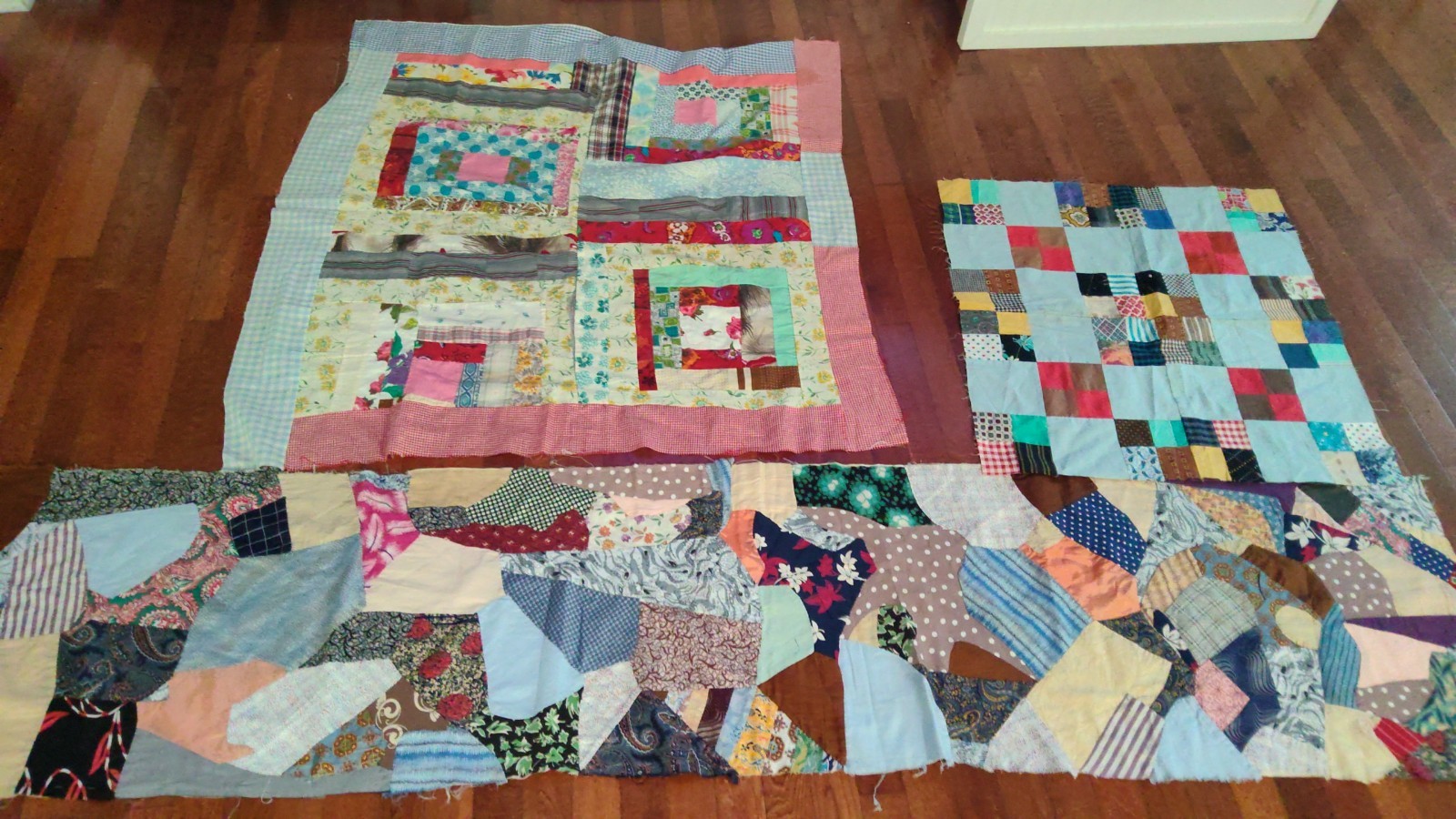 3 VTG Handmade Quilt Pieces/Panels Log Cabin-Crazy-4 Square (Unfinished) Crafts 3 VTG Handmade Quilt Pieces/Panels Log Cabin-Crazy-4 Square (Unfinished) Crafts