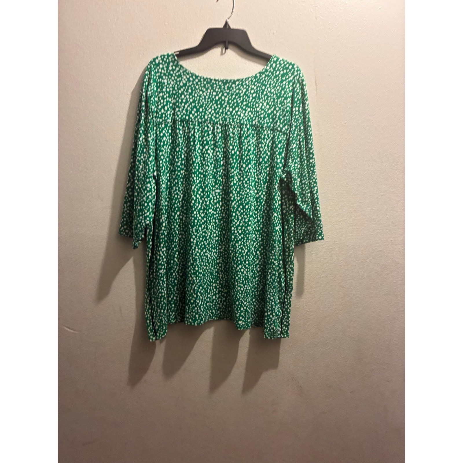 J. Jill Wearever Shirred A-Line Tunic Top Green White Polka Dot V-Neck Size L