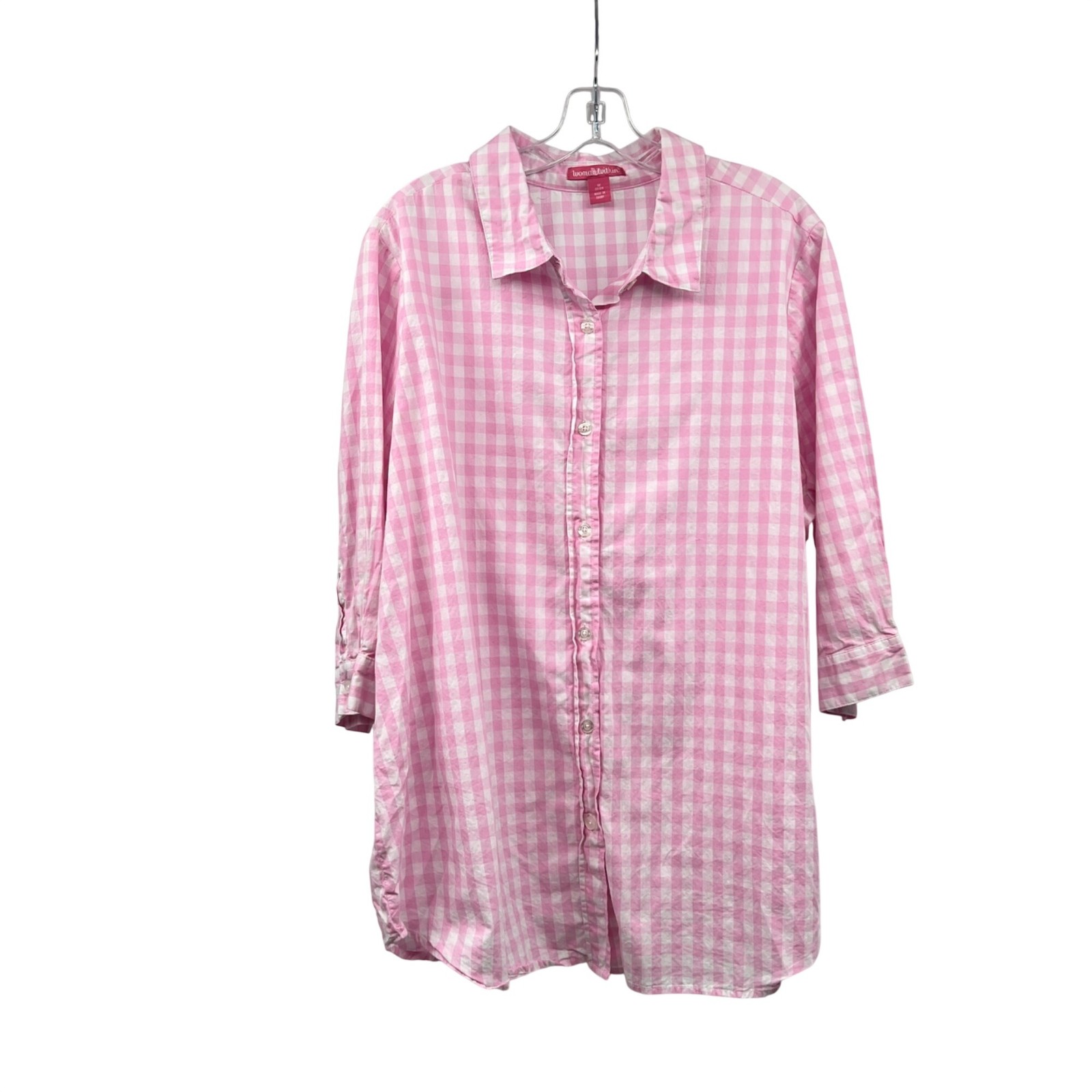 Woman Within Check Button Up Top Pink/White 3/4 Sleeve Size 1X Woman Within Check Button Up Top Pink/White 3/4 Sleeve Size 1X