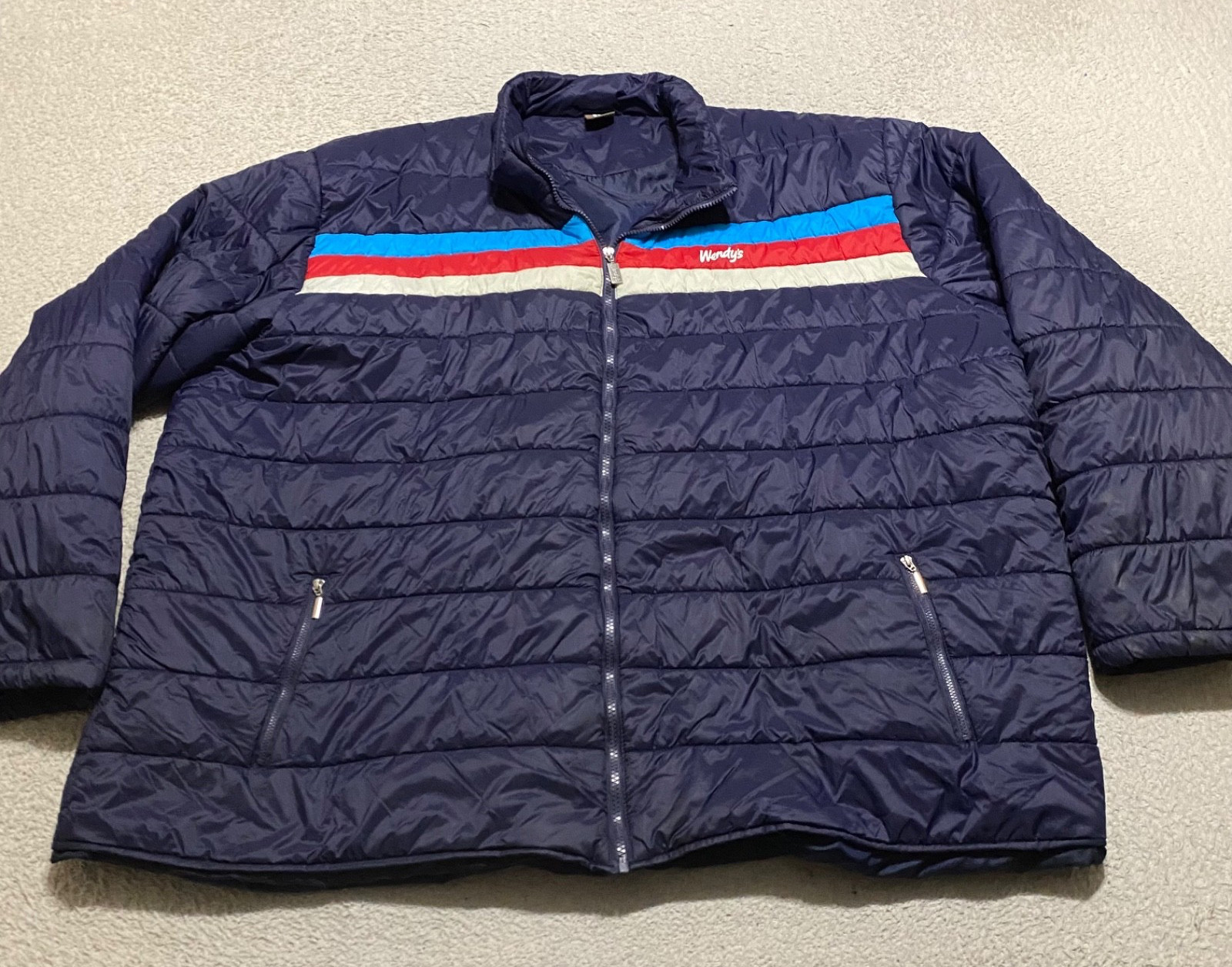 Wendy\'s Mens 3XL Puffer Jacket Blue Retro Stripe Employee Full Zip Barco
