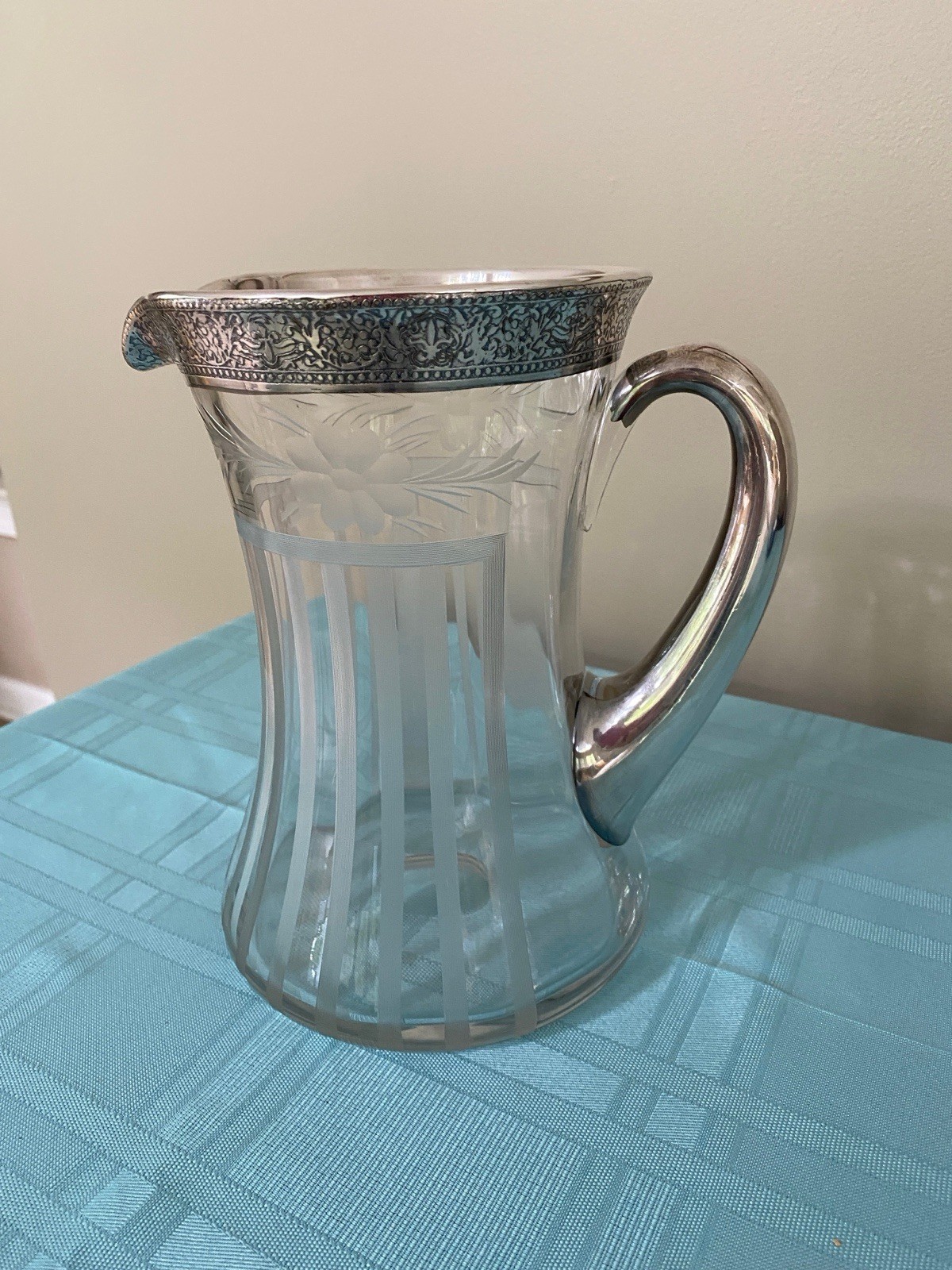 Antique ABP Brilliant Period Cut Glas Pitcher w/ Sterling Rim