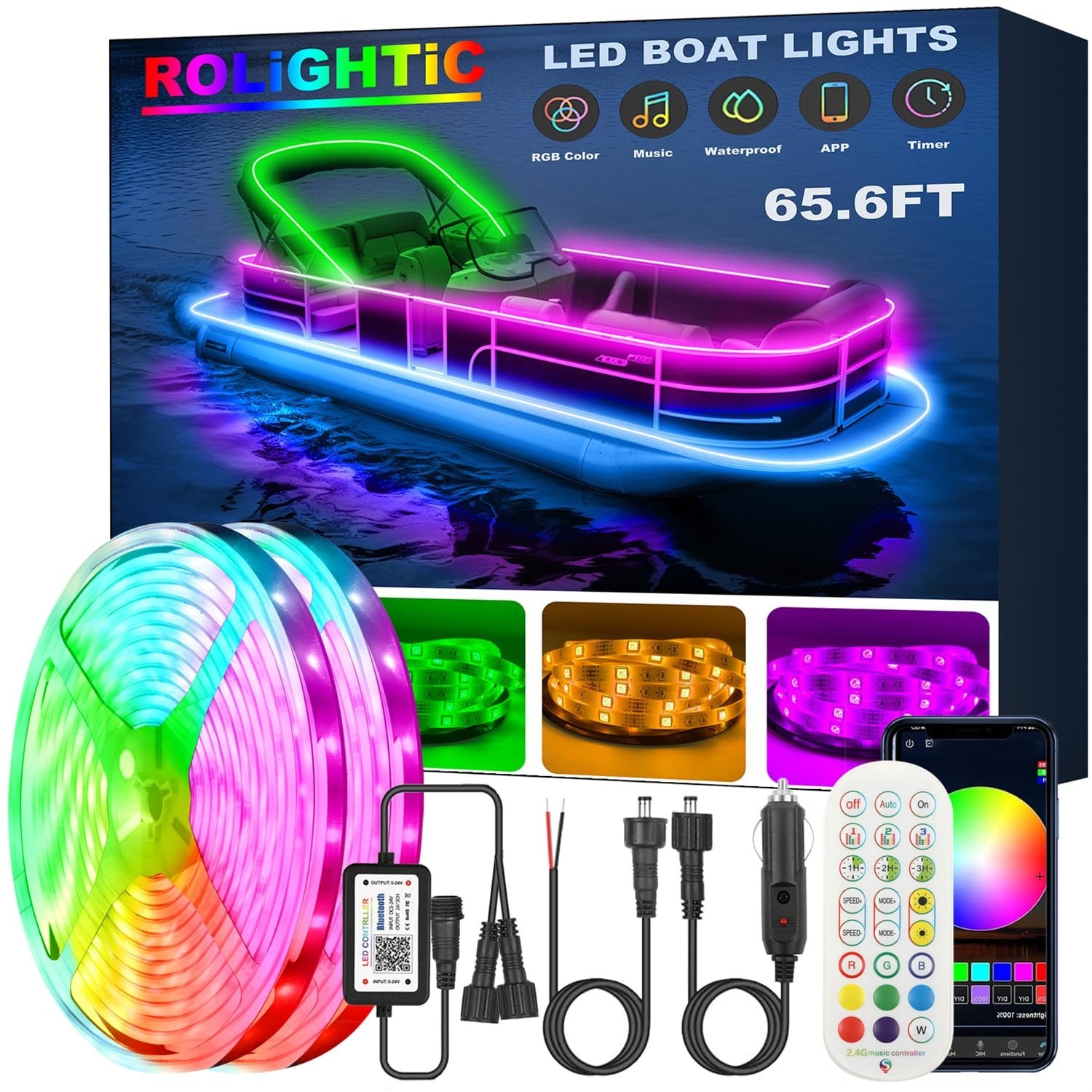 65.6FT RGB LED Boat Lights - 12V Remote Control, Waterproof Marine Strip Lightin 65.6FT RGB LED Boat Lights - 12V Remote Control, Waterproof Marine Strip Lightin