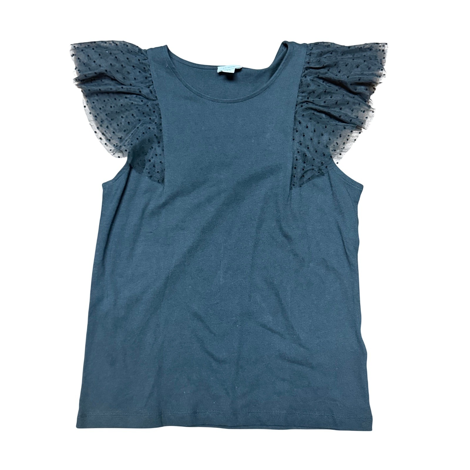 J.Crew Womens Black Tulle Polka Dot Flutter Sleeve Top Crew Neck XS AU057