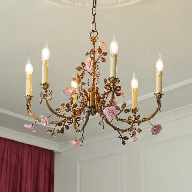 Vintage Rose Chandelier Romantic Floral Candle Ceiling Lights Cottagecore