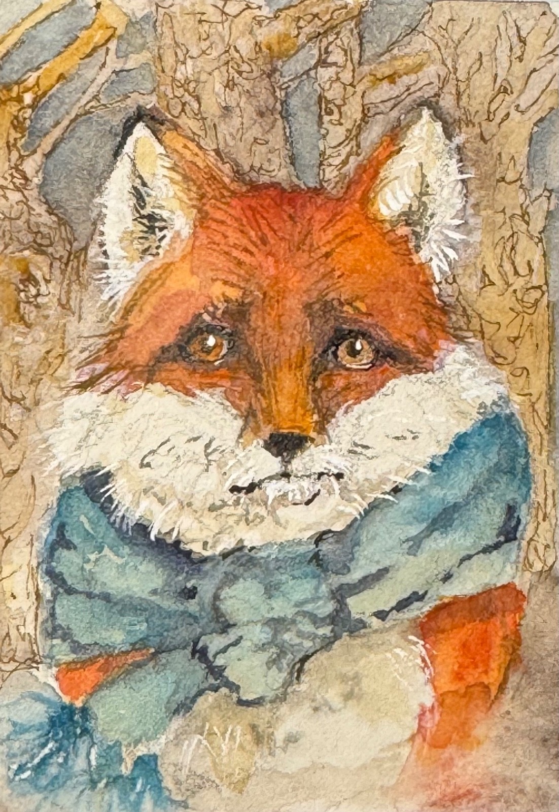 Origional Watercolor ACEO Fox with scarf in woods by artist Edith Schmidt Origional Watercolor ACEO Fox with scarf in woods by artist Edith Schmidt