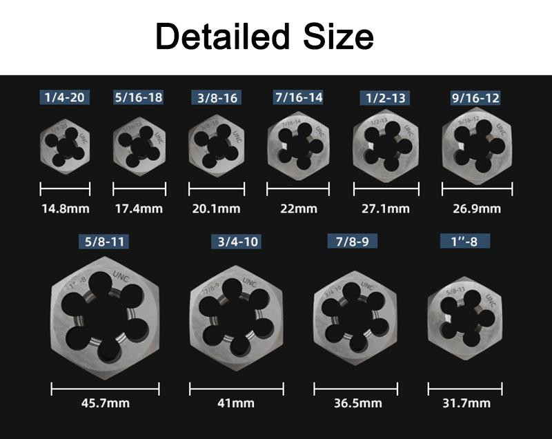 10pcs/set Carbon Steel Hex Die Nut 1/4 5/16 3/8 7/16 1/2 9/16 5/8 3/4 7/8 1