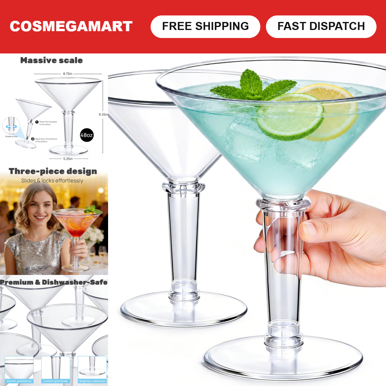 48 oz Giant Martini Glasses - Set of 2 Clear Plastic Cocktail Cups for Parties