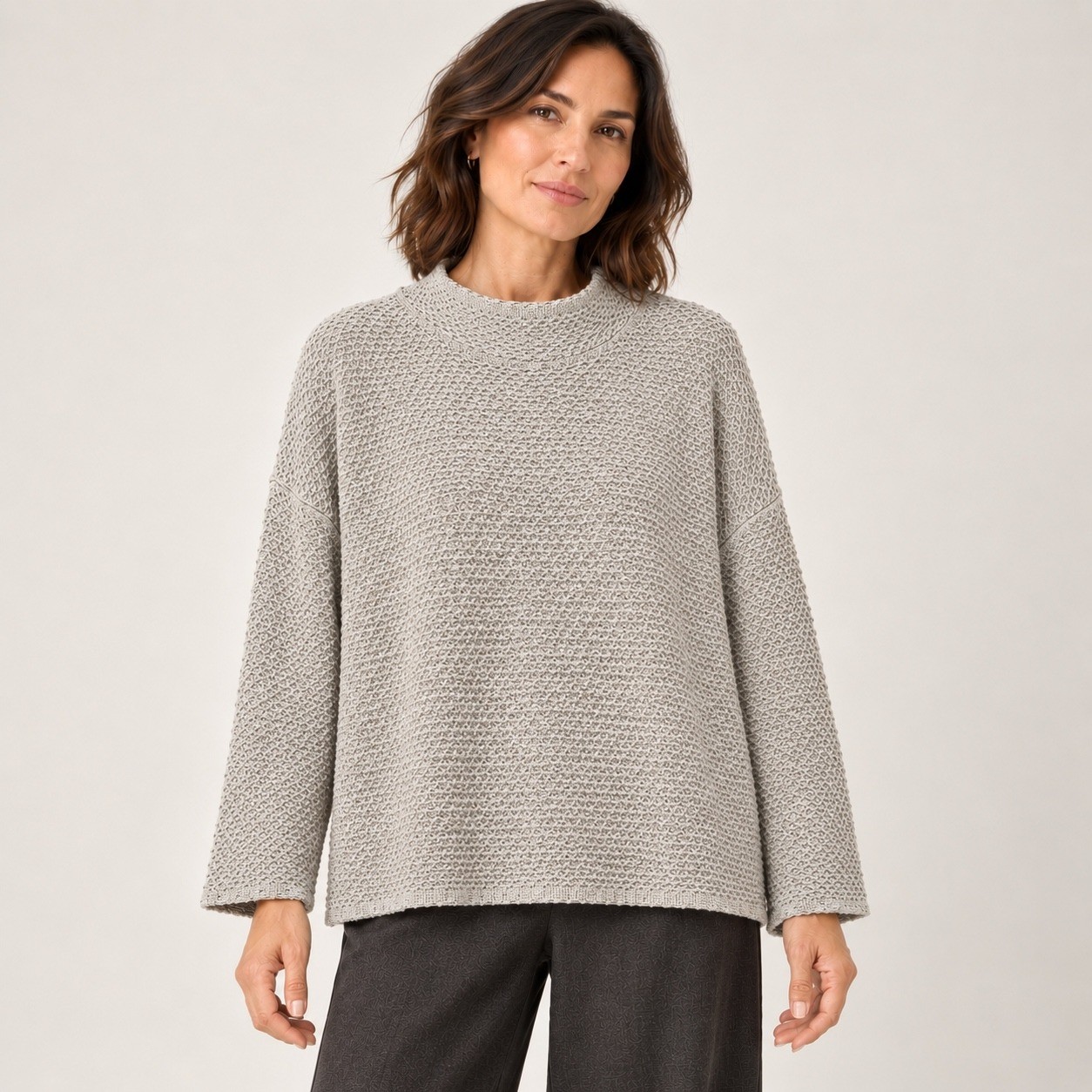 Eileen Fisher 100% Silk Noil Funnel Neck Sweater Womens L Ash Gray Boxy NWT $278